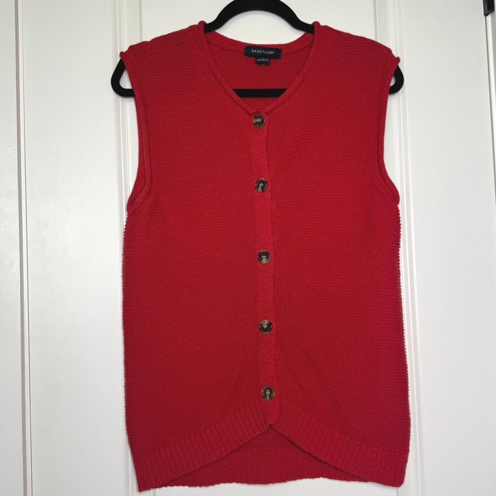 Sanctuary Red 100% Cotton Garter Knit Button Front V-Neck Sweater Vest Large